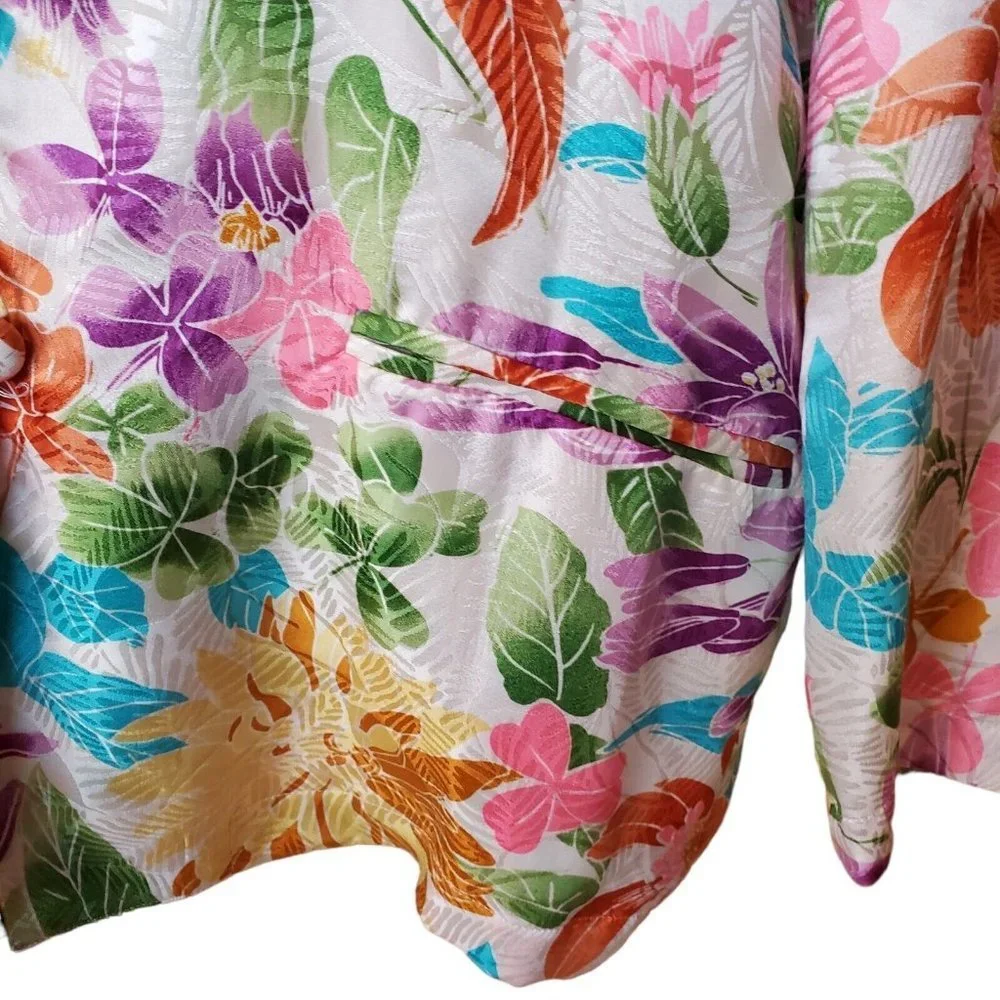 Vintage Floral Thin‎ Silk Jacket Colorful Satin Sz Medium Pockets Oversized